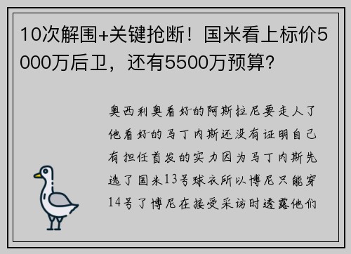 10次解围+关键抢断！国米看上标价5000万后卫，还有5500万预算？
